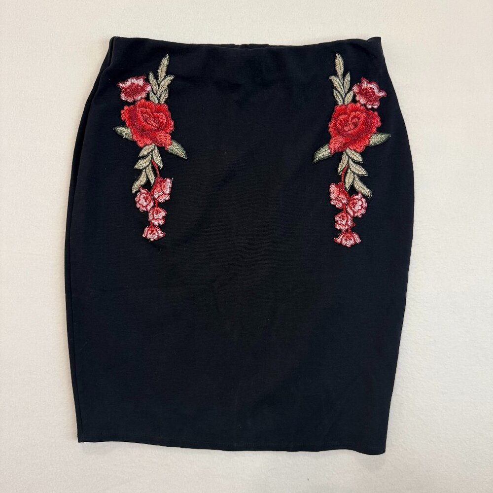 Adelyn Black Mini Skirt Large Floral Embroidered Stretch Mid Thigh Whimsigoth